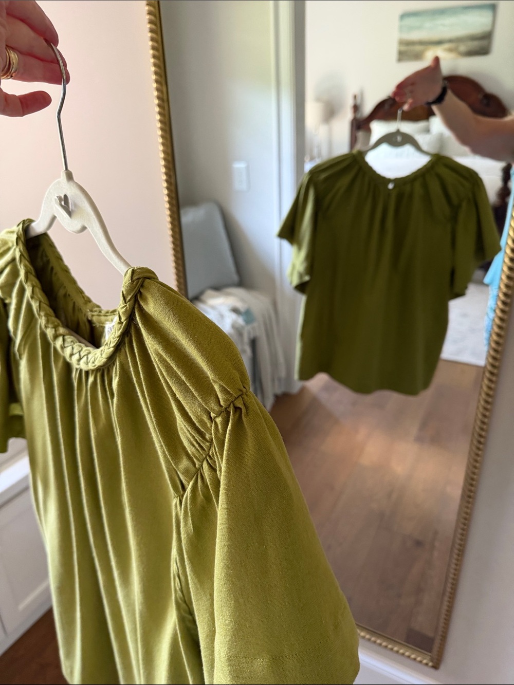 Olive Braided-Neck Flutter Sleeve Blouse - Picture 14 of 16